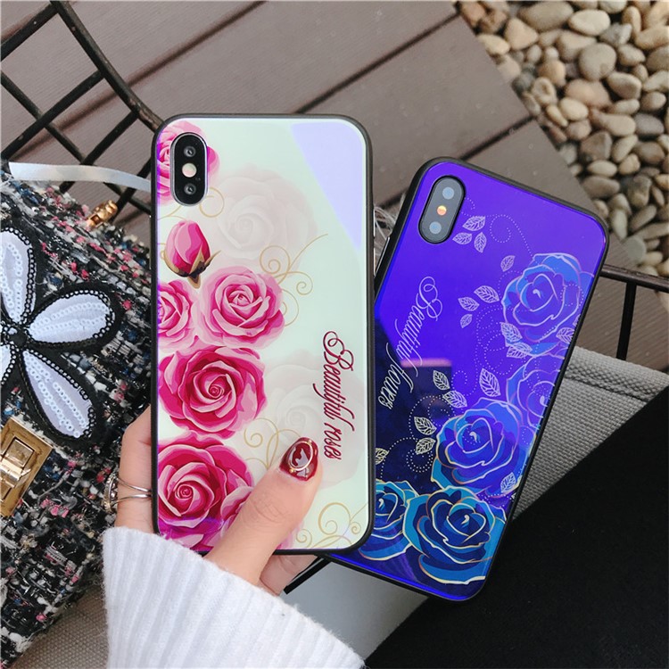 Roses Patterned Blue-ray Tempered Glass Back + TPU Edge Drop-proof Mobile Case for iPhone X - Pink-8