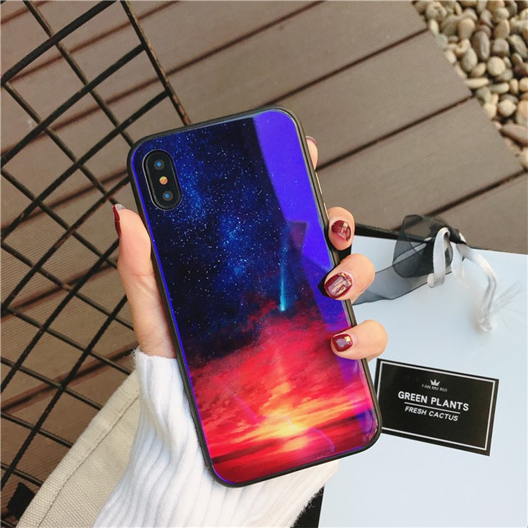 Vivid Scene Patterned Blue-ray Tempered Glass Back + TPU Edge Drop-proof Mobile Case for iPhone X - Noul-1