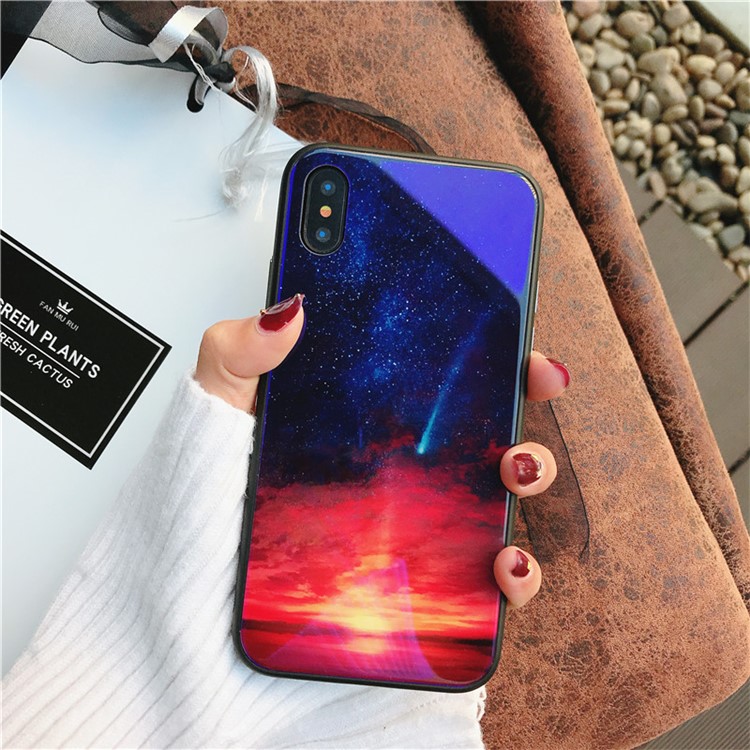 Vivid Scene Patterned Blue-ray Tempered Glass Back + TPU Edge Drop-proof Mobile Case for iPhone X - Noul-2