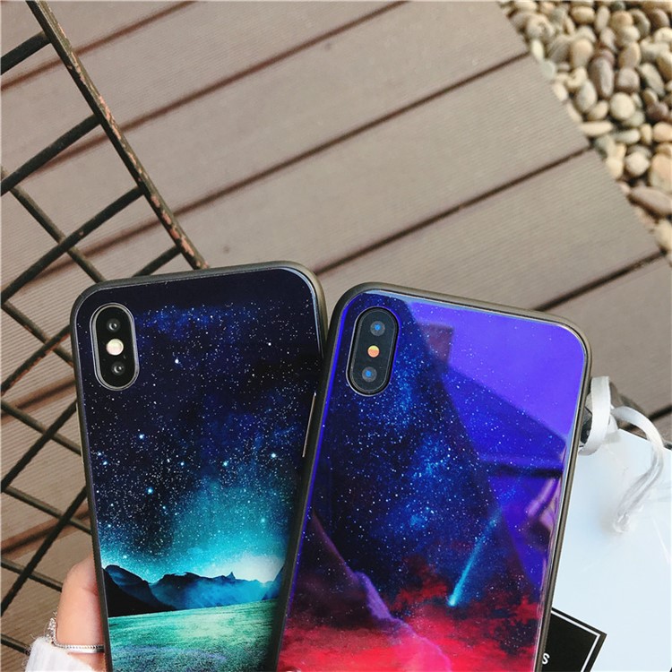 Vivid Scene Patterned Blue-ray Tempered Glass Back + TPU Edge Drop-proof Mobile Case for iPhone X - Noul-3