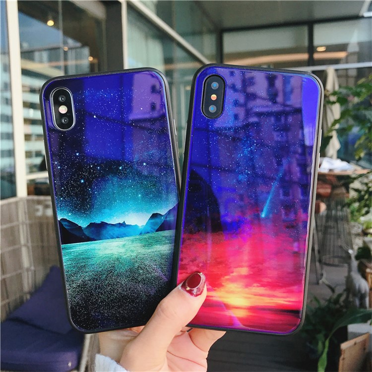 Vivid Scene Patterned Blue-ray Tempered Glass Back + TPU Edge Drop-proof Mobile Case for iPhone X - Noul-6