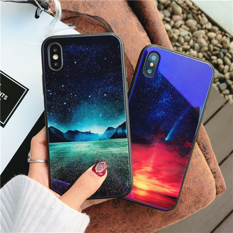Vivid Scene Patterned Blue-ray Tempered Glass Back + TPU Edge Drop-proof Mobile Case for iPhone X - Noul-8