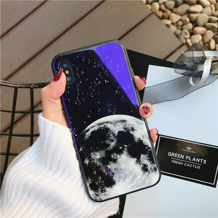 Moon Patterned Blue-ray Tempered Glass Back + TPU Edge Drop-proof Mobile Case for iPhone X - Green Plants-1