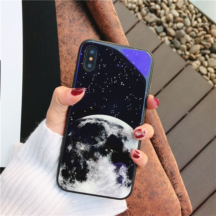 Moon Patterned Blue-ray Tempered Glass Back + TPU Edge Drop-proof Mobile Case for iPhone X - Green Plants-2