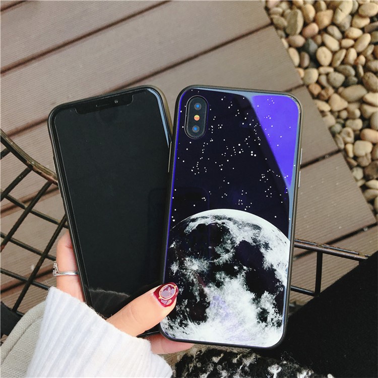 Moon Patterned Blue-ray Tempered Glass Back + TPU Edge Drop-proof Mobile Case for iPhone X - Green Plants-3