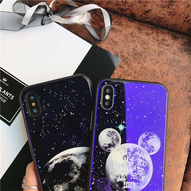 Moon Patterned Blue-ray Tempered Glass Back + TPU Edge Drop-proof Mobile Case for iPhone X - Green Plants-6