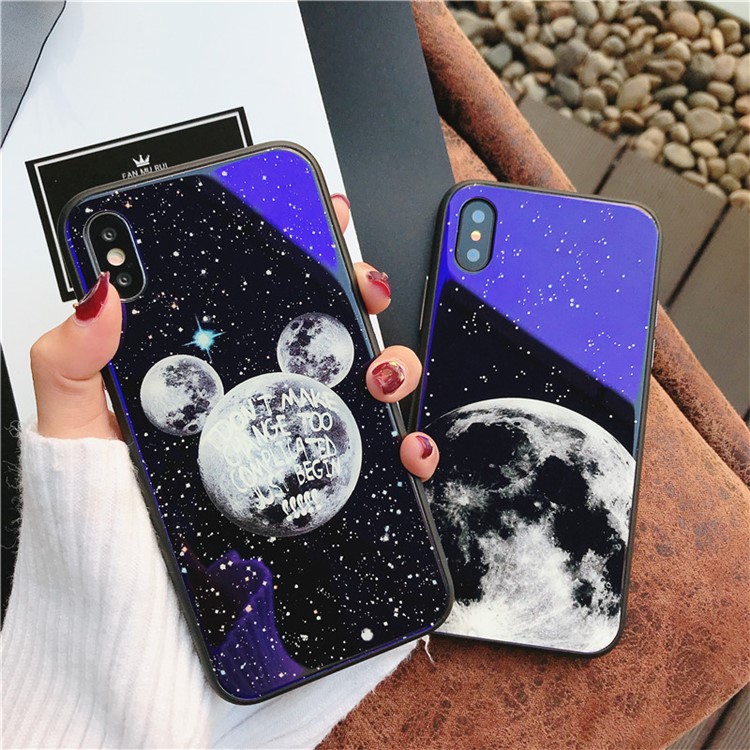 Moon Patterned Blue-ray Tempered Glass Back + TPU Edge Drop-proof Mobile Case for iPhone X - Green Plants-7