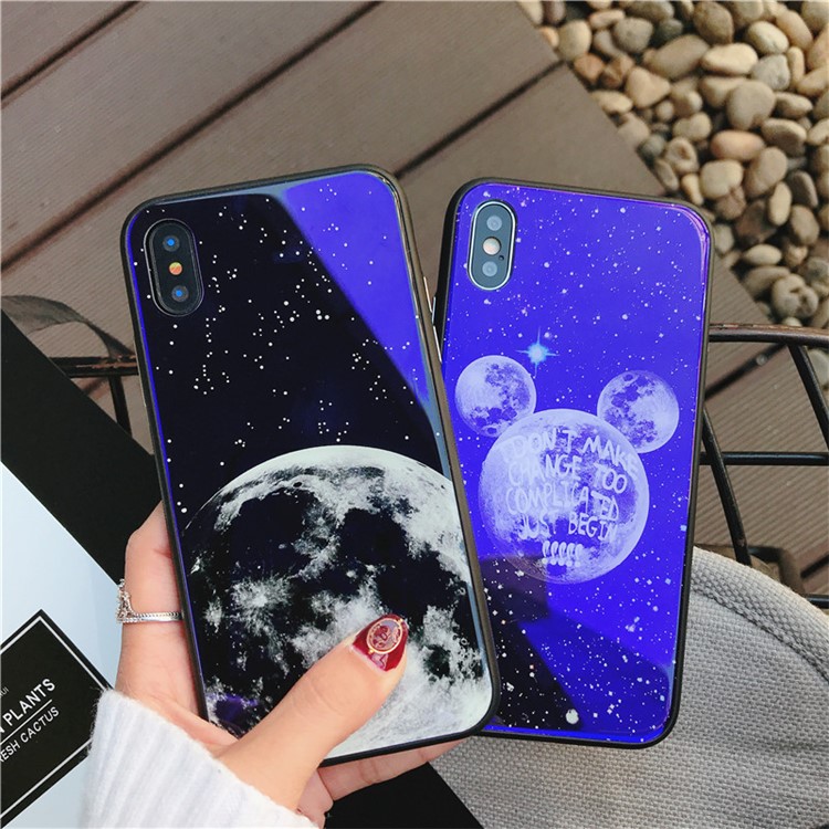 Moon Patterned Blue-ray Tempered Glass Back + TPU Edge Drop-proof Mobile Case for iPhone X - Green Plants-8