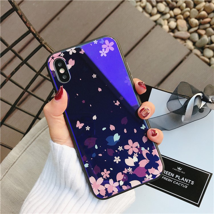 Floral Patterned Blue-ray Tempered Glass Back + TPU Edge Drop-proof Mobile Case for iPhone X - Falling Flower-1