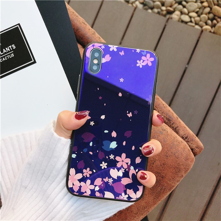 Floral Patterned Blue-ray Tempered Glass Back + TPU Edge Drop-proof Mobile Case for iPhone X - Falling Flower-2