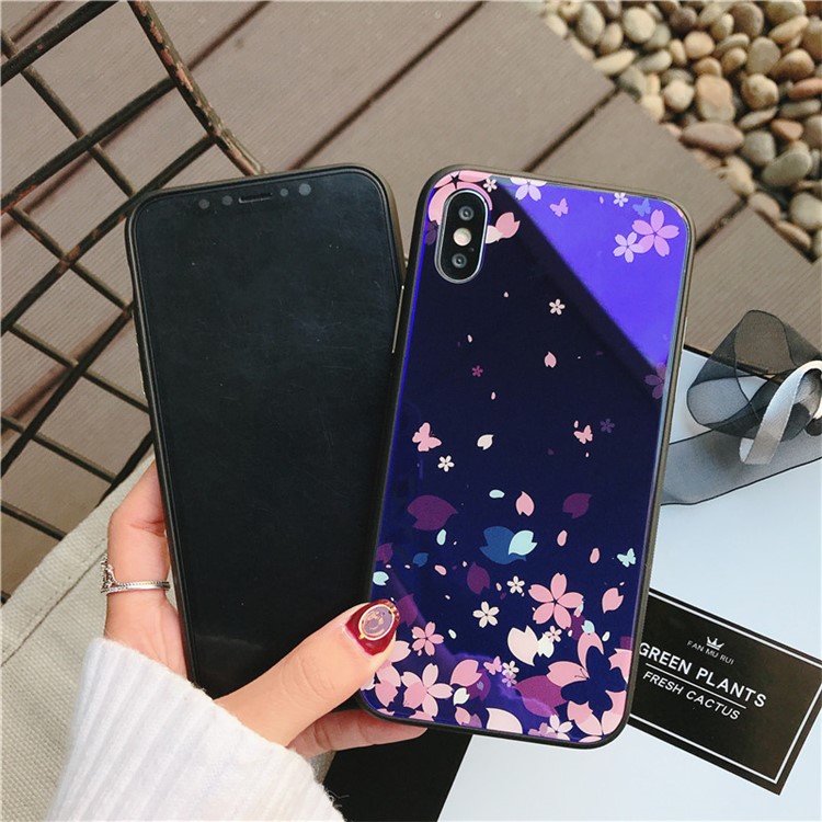 Floral Patterned Blue-ray Tempered Glass Back + TPU Edge Drop-proof Mobile Case for iPhone X - Falling Flower-3