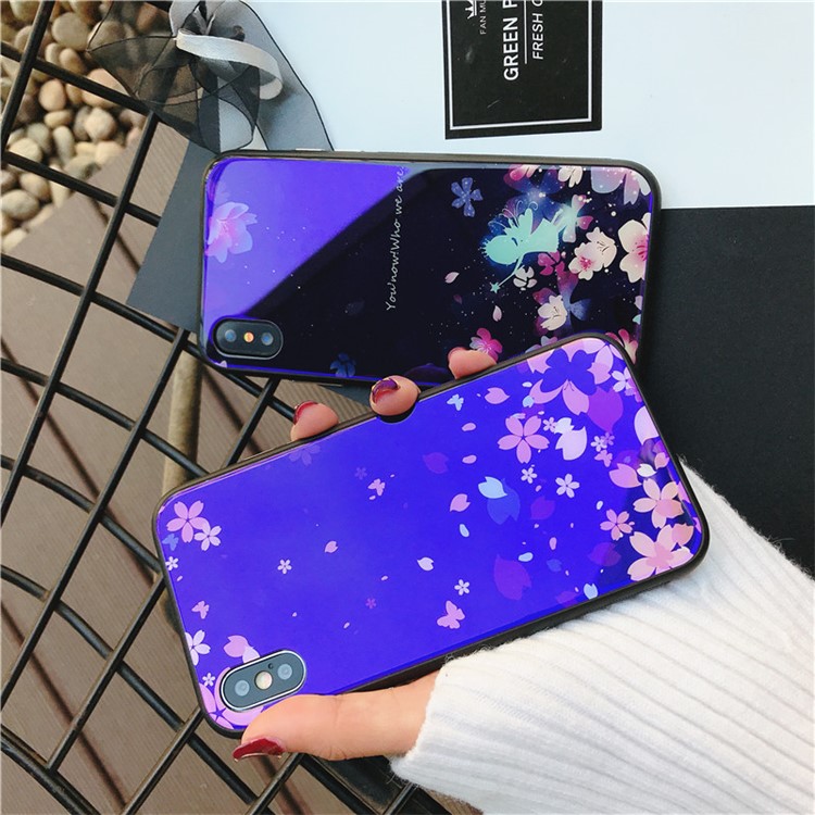 Floral Patterned Blue-ray Tempered Glass Back + TPU Edge Drop-proof Mobile Case for iPhone X - Falling Flower-4