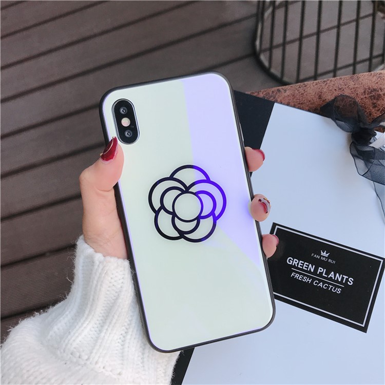 One Flower Patterned Blue-ray Tempered Glass Back + TPU Edge Drop-proof Mobile Case for iPhone X - Blue Flower-1