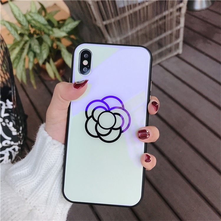 One Flower Patterned Blue-ray Tempered Glass Back + TPU Edge Drop-proof Mobile Case for iPhone X - Blue Flower-2