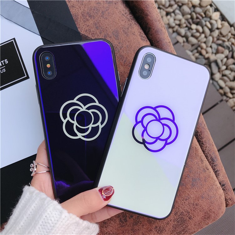 One Flower Patterned Blue-ray Tempered Glass Back + TPU Edge Drop-proof Mobile Case for iPhone X - Blue Flower-4