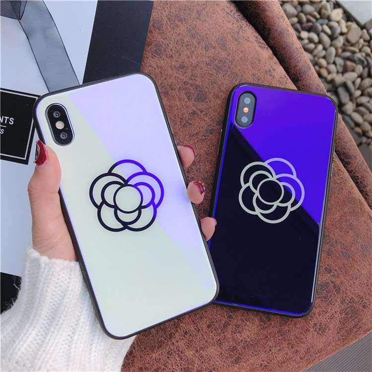 One Flower Patterned Blue-ray Tempered Glass Back + TPU Edge Drop-proof Mobile Case for iPhone X - Blue Flower-5