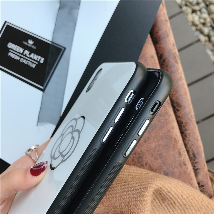 One Flower Patterned Blue-ray Tempered Glass Back + TPU Edge Drop-proof Mobile Case for iPhone X - Blue Flower-6
