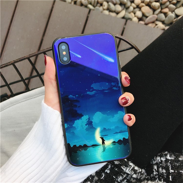 Cat Series Patterned Blue-ray Tempered Glass Back + TPU Edge Drop-proof Mobile Case for iPhone X - Cat with Crescent Moon-1