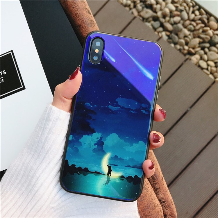 Cat Series Patterned Blue-ray Tempered Glass Back + TPU Edge Drop-proof Mobile Case for iPhone X - Cat with Crescent Moon-2