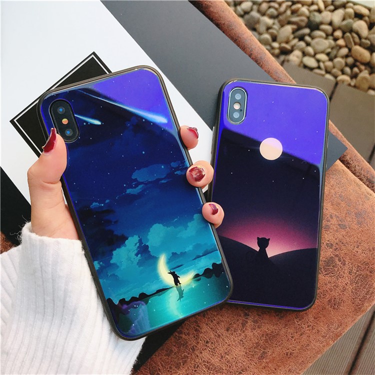 Cat Series Patterned Blue-ray Tempered Glass Back + TPU Edge Drop-proof Mobile Case for iPhone X - Cat with Crescent Moon-3