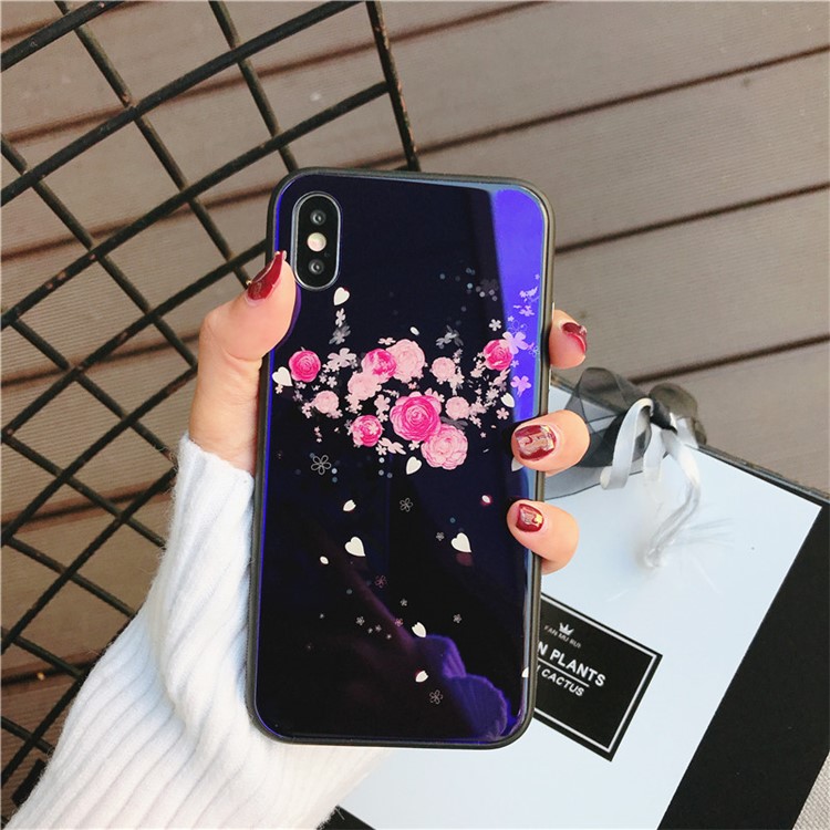 Lovely Flower Patterned Blue-ray Tempered Glass Back + TPU Edge Drop-proof Mobile Case for iPhone X - Pink-1