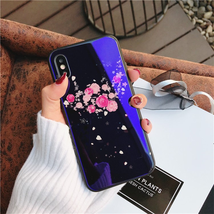 Lovely Flower Patterned Blue-ray Tempered Glass Back + TPU Edge Drop-proof Mobile Case for iPhone X - Pink-2