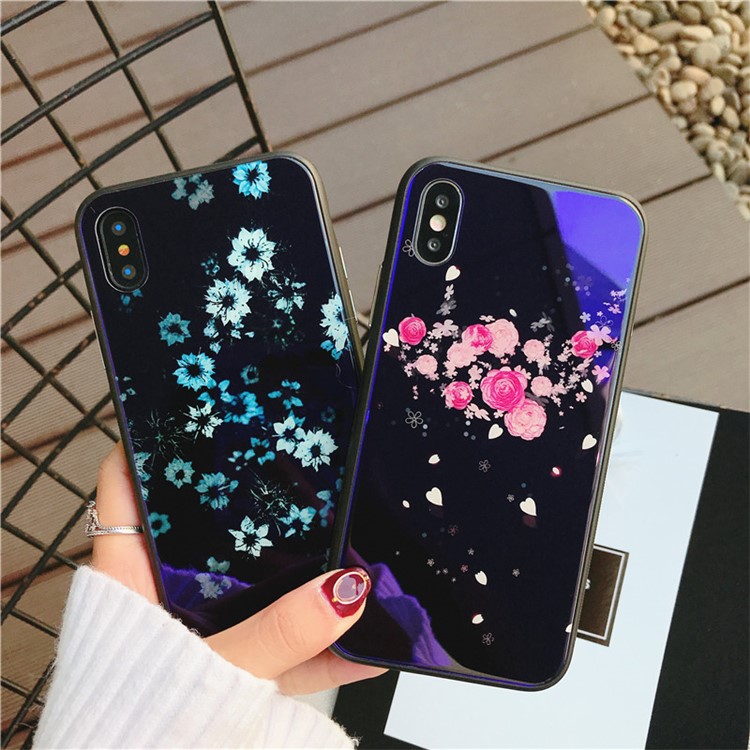 Lovely Flower Patterned Blue-ray Tempered Glass Back + TPU Edge Drop-proof Mobile Case for iPhone X - Pink-3