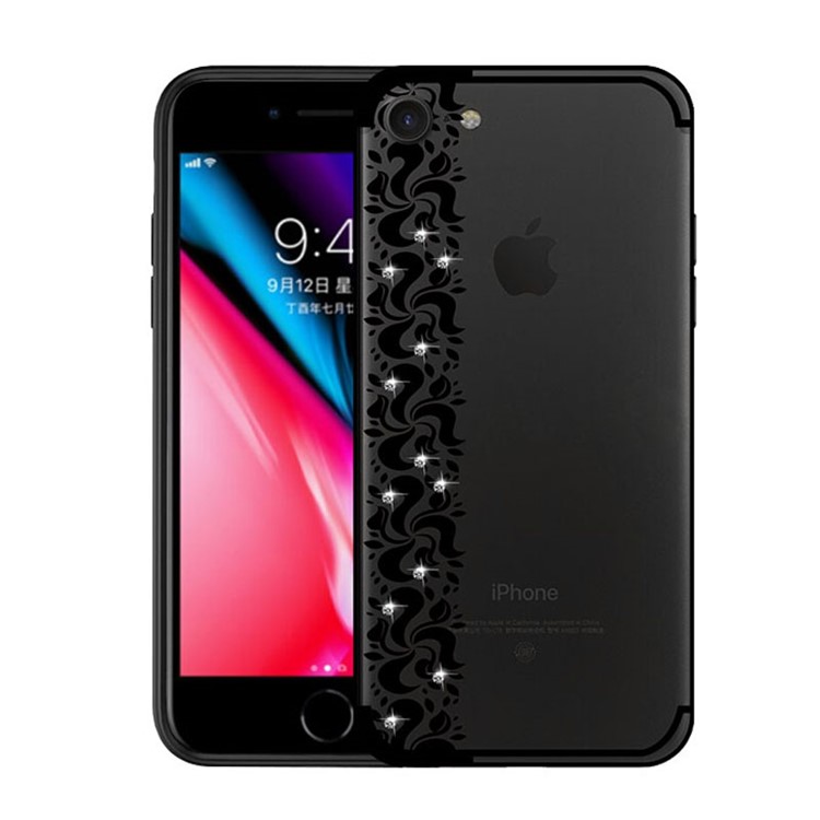 NXE Pity Smoke Series Floral Pattern Rhinestone Decor TPU Case for iPhone 8/7 - Black-1