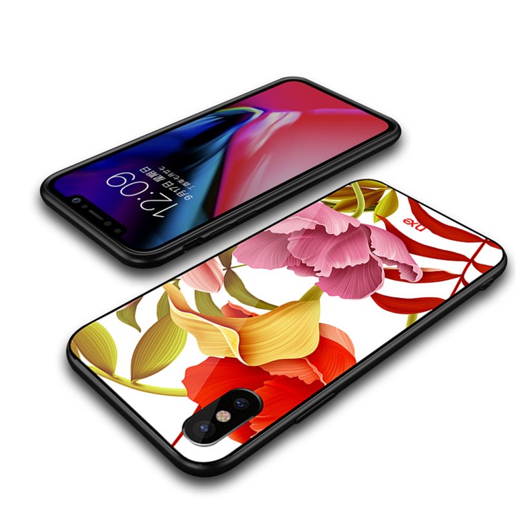 NXE Flor Pattern Printing Glass TPU Hybrid Case Para Iphone XS / X 5,8 Polegadas - Flor Vermelha e Amarela e Rosa