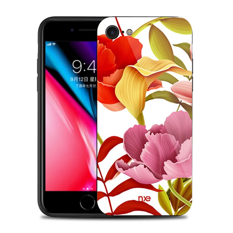 NXE Flower Pattern Printing Glass TPU Hybrid Case for iPhone 8/7 4.7inch - Red and Yellow and Pink Flower-1