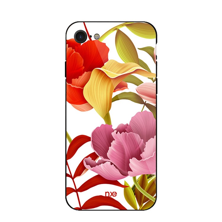 NXE Flower Pattern Printing Glass TPU Hybrid Case for iPhone 8/7 4.7inch - Red and Yellow and Pink Flower-2