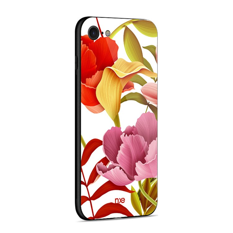 NXE Flower Pattern Printing Glass TPU Hybrid Case for iPhone 8/7 4.7inch - Red and Yellow and Pink Flower-4