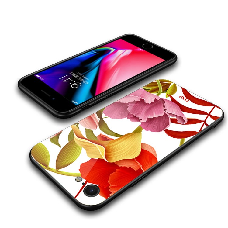 NXE Flower Pattern Printing Glass TPU Hybrid Case for iPhone 8/7 4.7inch - Red and Yellow and Pink Flower-5