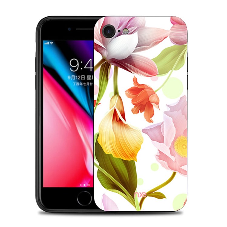 Couverture Hybride En Verre TPU De Modèle De Fleur De NXE Pour L'iphone 8/7 4.7inch - Fleur Jaune Et Rose-1