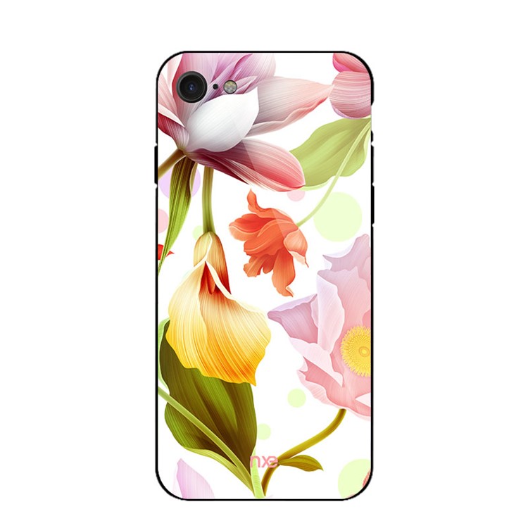 Couverture Hybride En Verre TPU De Modèle De Fleur De NXE Pour L'iphone 8/7 4.7inch - Fleur Jaune Et Rose-2