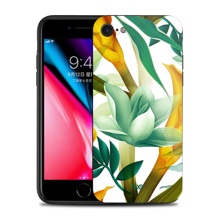 NXE Flor Padrão De Impressão De Vidro TPU Caixa Híbrida Para Iphone 8/7 4.7inch - Flor Amarela E Ciana-1