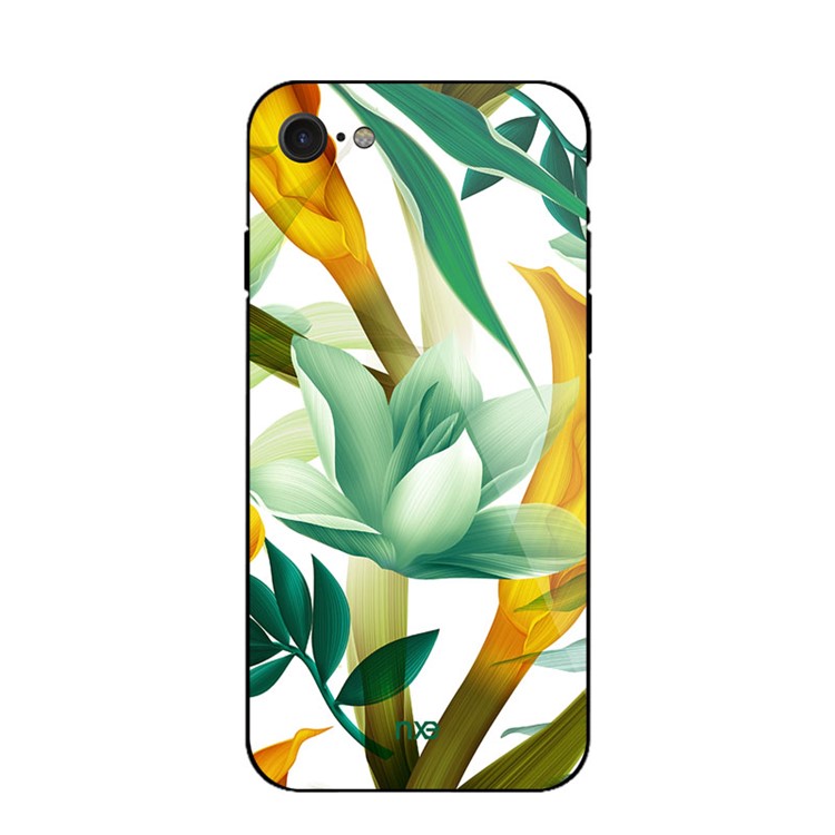 NXE Flor Padrão De Impressão De Vidro TPU Caixa Híbrida Para Iphone 8/7 4.7inch - Flor Amarela E Ciana-2