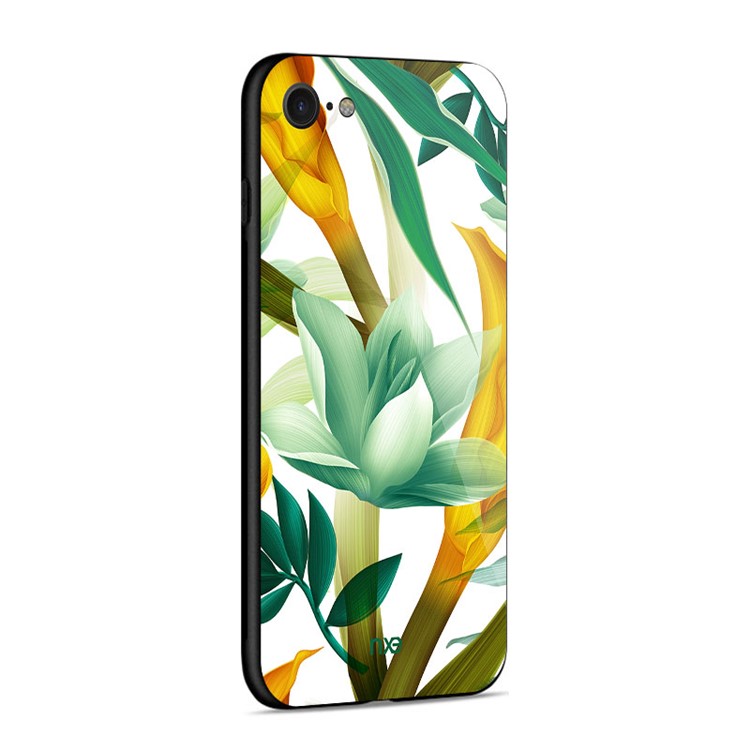 NXE Flor Padrão De Impressão De Vidro TPU Caixa Híbrida Para Iphone 8/7 4.7inch - Flor Amarela E Ciana-4