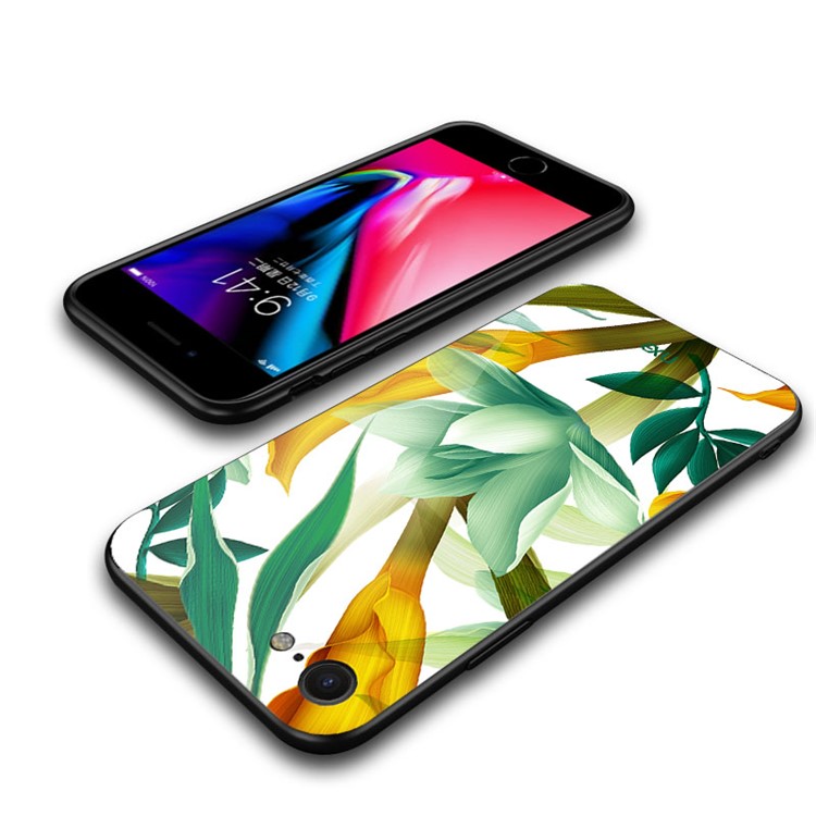 NXE Flor Padrão De Impressão De Vidro TPU Caixa Híbrida Para Iphone 8/7 4.7inch - Flor Amarela E Ciana-5