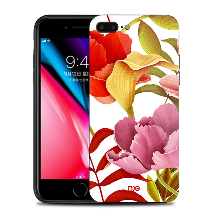 NXE Flower Pattern Printing Glass TPU Hybrid Case for iPhone 8 Plus / 7 Plus - Red and Yellow and Pink Flower-1