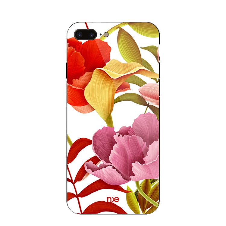 NXE Flower Pattern Printing Glass TPU Hybrid Case for iPhone 8 Plus / 7 Plus - Red and Yellow and Pink Flower-2