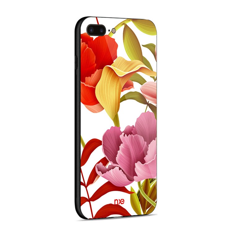 NXE Flower Pattern Printing Glass TPU Hybrid Case for iPhone 8 Plus / 7 Plus - Red and Yellow and Pink Flower-4