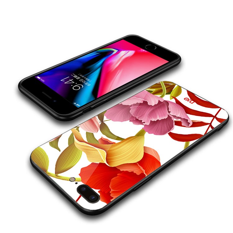 NXE Flower Pattern Printing Glass TPU Hybrid Case for iPhone 8 Plus / 7 Plus - Red and Yellow and Pink Flower-5