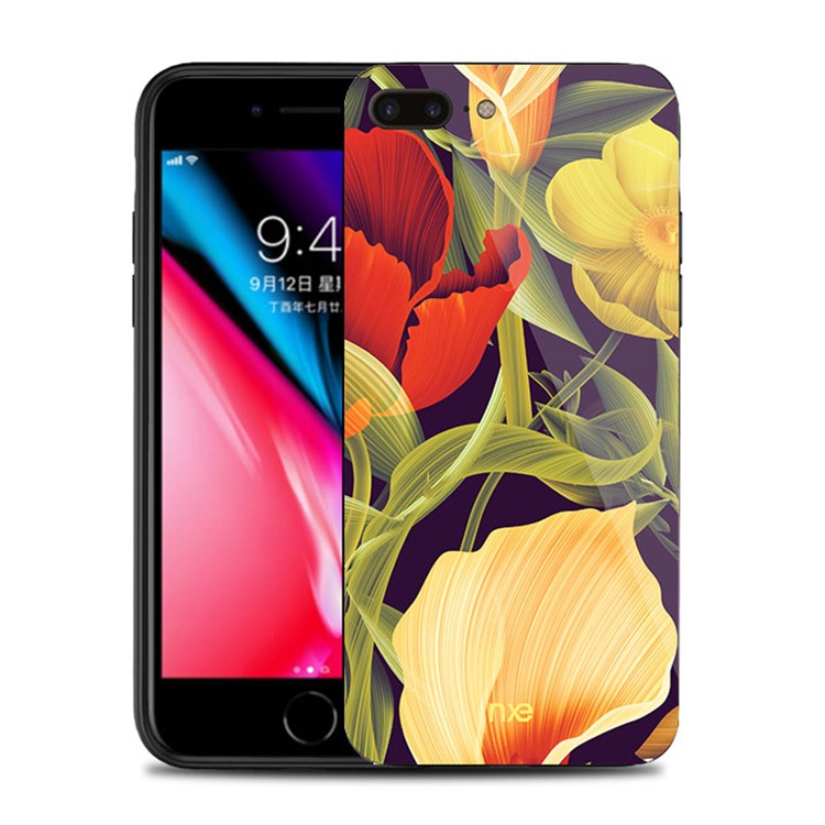 NXE Flower Patrón de Impresión de Vidrio TPU Hybrid Shell Para Iphone 8 Plus / 7 Más - Flor Roja y Amarilla