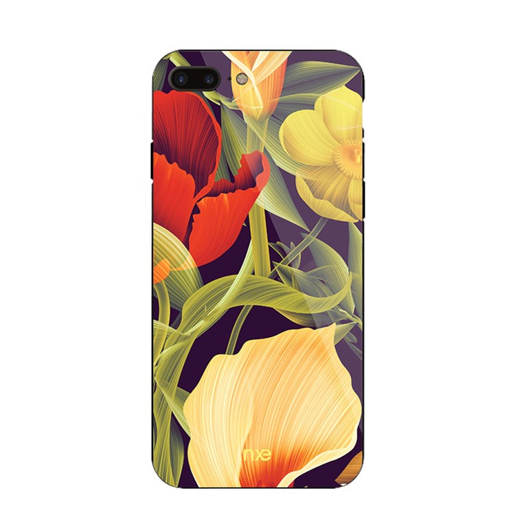 NXE Flor Pattern Printing Glass TPU Hybrid Shell Para Iphone 8 Plus / 7 Plus - Flor Vermelha e Amarela