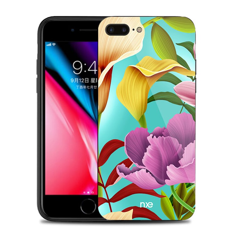 NXE Padrão De Flor Impressão De Vidro TPU Caixa De Telefone Celular Híbrido Para Iphone 8 Plus / 7 Mais - Flor Amarela E Roxa-1