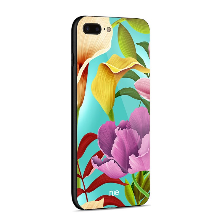 NXE Padrão De Flor Impressão De Vidro TPU Caixa De Telefone Celular Híbrido Para Iphone 8 Plus / 7 Mais - Flor Amarela E Roxa-4