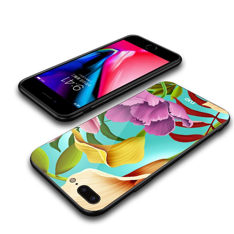 NXE Padrão De Flor Impressão De Vidro TPU Caixa De Telefone Celular Híbrido Para Iphone 8 Plus / 7 Mais - Flor Amarela E Roxa-5
