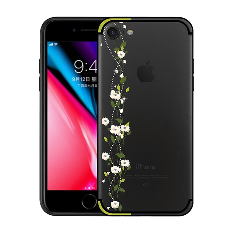 NXE Flor De Cerejeira Fluxo Rhinestone TPU PC Híbrido Caso Traseiro Para Iphone 8/7 4.7 Polegadas - Verde-1