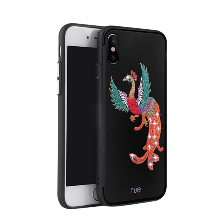 Rhinestone Decoration Embroidery Phoenix Pattern TPU Phone Case for iPhone X/10 - Green Wings-1